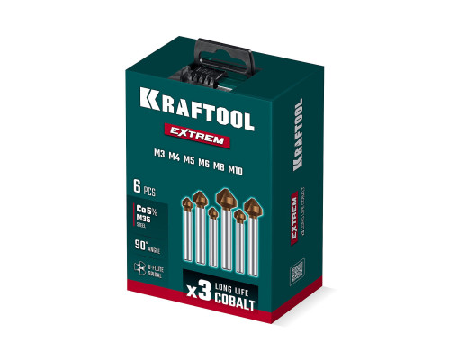 Набор зенковок EXTREME Со5-А 6 штук 6.3/8.3/10.4/12.4/16.5/20.5 мм Z3 90° сталь M35 U-образная спираль KRAFTOOL 29734-H6