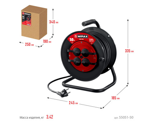 Силовой удлинитель на катушке 3 х 2.5 мм? 50 м ПВС 3500 Вт IP44 MIRAX 55051-50