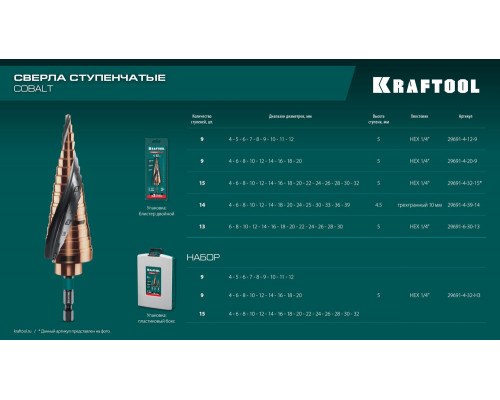 Сверло ступенчатое COBALT, 4–39 мм, 14 ступеней, азотирование, винтовая спираль KRAFTOOL 29691-4-39-14