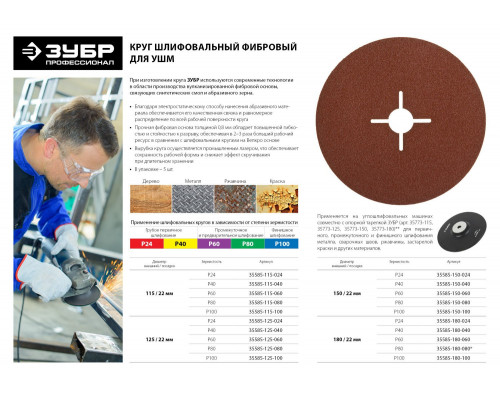 Круг шлифовальный ЗУБР ?ПРОФИ? фибровый, для УШМ, P80, 115х22мм, 5 листов (35585-115-080)