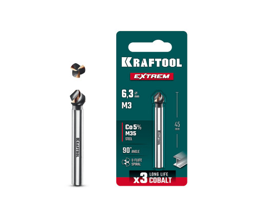 Зенковка EXTREME Со5-А d 6.3x5х45 мм Z3 90° сталь M35 U-образная спираль KRAFTOOL 29734-3