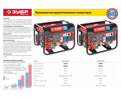 Генератор гибридный (бензин / газ), 2200 Вт, ЗУБР