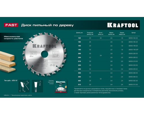 Пильный диск по дереву Fast, 300 х 30 мм, 32Т KRAFTOOL 36950-300-30