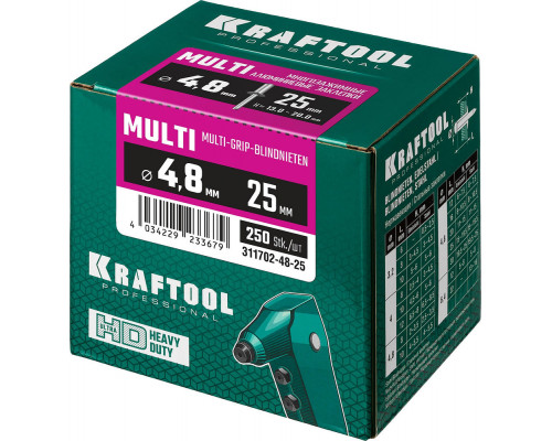 Многозажимные алюминиевые заклепки Multi (Al5052), 4.8 x 25 мм, 250 шт KRAFTOOL 311702-48-25