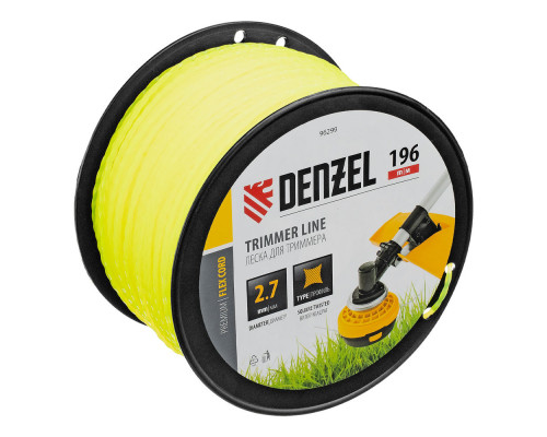 Леска для триммера витой квадрат, 2,7мм х 196м, на DIN катушке FLEX CORD Denzel (96299)