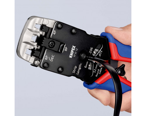 Пресс-клещи для штекеров RJ, 3 гнезда, RJ 10 (4-pin), RJ 11/12 (6-pin), RJ 45 (8-pin), 200 мм (KN-975112)