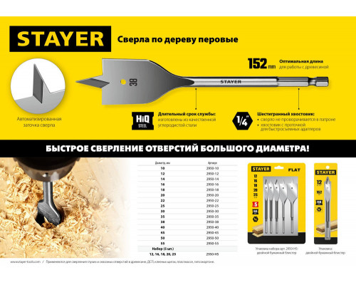 Набор перовых сверл по дереву Flat, 5 шт: 12-16-18-20-25 мм STAYER 2950-H5