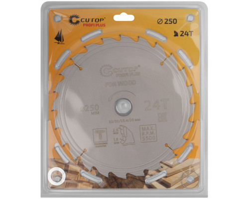 Диск пильный по дереву с тефлоновым покрытием 24Т, CUTOP Profi plus, 250 х 1,8/2,6 х 32/30/25,4/20 мм (75-25024Т)
