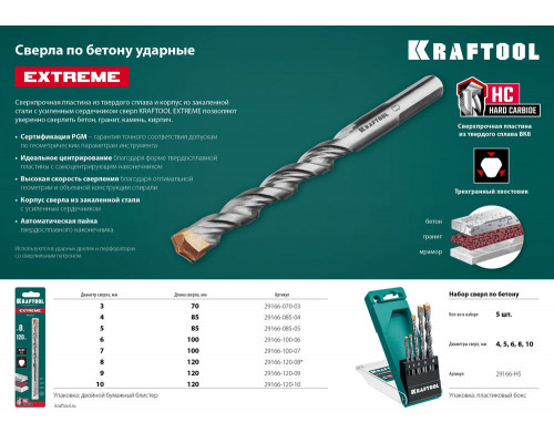 Набор сверл по бетону Extreme, 5 шт: 4-5-6-8-10 мм, трехгранный хвостовик KRAFTOOL 29166-H5