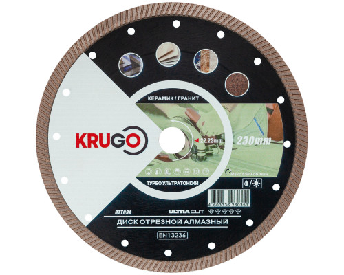 Диск алмазныйТурбо по керамике для УШМ 230 x 1.8 x 22.23 x 10mm KRUGO (RTT09A)