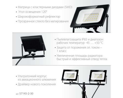 Прожекторы светодиодные на штативе 2 х 30 Вт, 6500 К, IP65, 1.6 м ЗУБР ПСК 30х2 Профессионал 57145-2-30