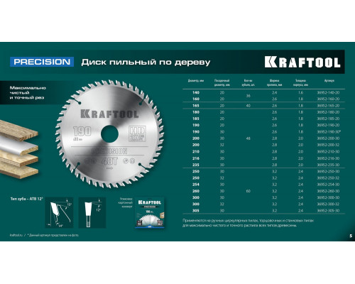 Пильный диск по дереву Precision, 250 х 32 мм, 60Т KRAFTOOL 36952-250-32