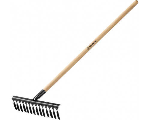 Садовые грабли GS-14 WOOD, 445 х 95 х 1300 мм, 14 витых зубцов, углеродистая сталь, антикор. покрытие, черенок дерев. высш. сорт GRINDA 39581-14