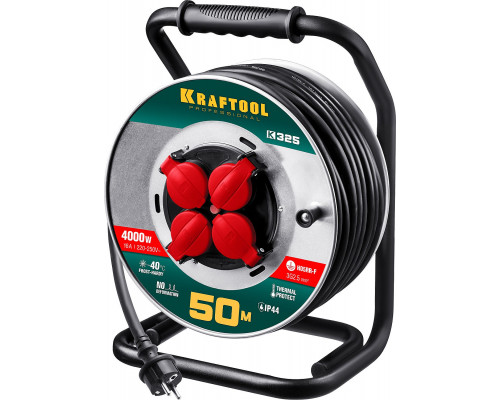 KRAFTOOL K-325, КГ, 3 х 2.5 мм2, 50 м, 4000 Вт, IP44, силовой удлинитель на стальной катушке (55086-50)