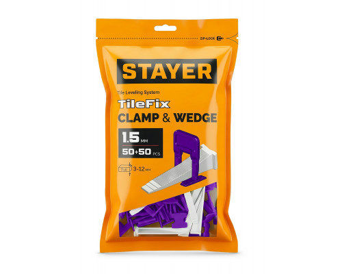 STAYER СВП TileFix, комплект: 1,5 мм, зажим + клин, 50 + 50 шт, система выравнивания плитки ?ворота? (33842-H50)