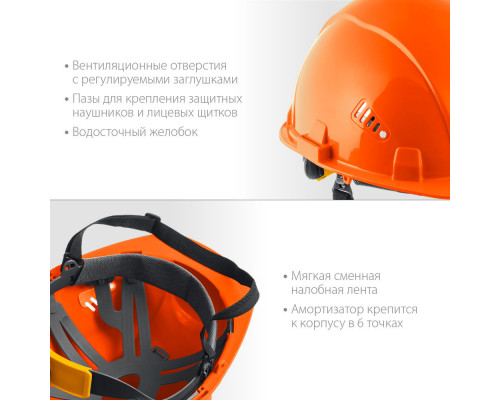 Каска защитная ФОРТ оранжевая, храповой механизм регулировки, универсальное крепление для наушников и щитков ЗУБР Профессионал 11094-1_z01
