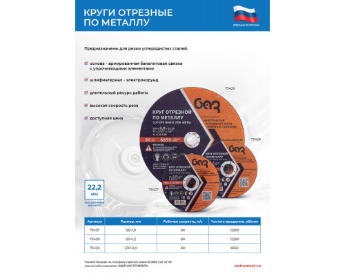 Круг отрезной по металлу, 125 х 1,0 х 22,2 мм (БАЗ) (73427)