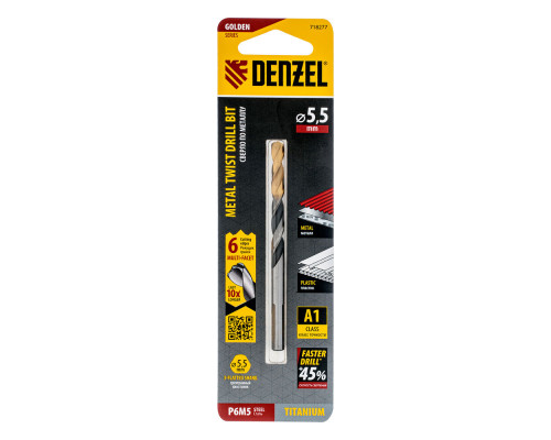 Сверло спиральное по металлу 5,5 x 93мм, Р6М5, Golden Tip, многогранная заточка Denzel (718277)