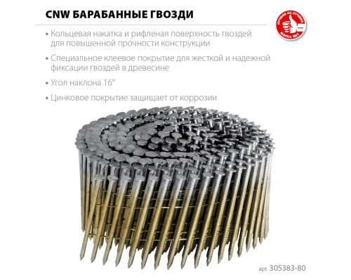 Гвозди барабанные CNW 80 x 3.1 мм, рифленые оцинкованные, 3600 шт ЗУБР 305383-80