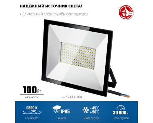 Прожектор светодиодный 100 Вт, 6500 К, IP65 ЗУБР ПСК-100 Профессионал 57141-100