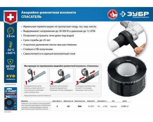 Изолента аварийно-ремонтная самослипающаяся силиконовая 25 мм х 3 м, 12 Атм, 30 000 В, чёрная Профессионал СПАСАТЕЛЬ ЗУБР 12381-2
