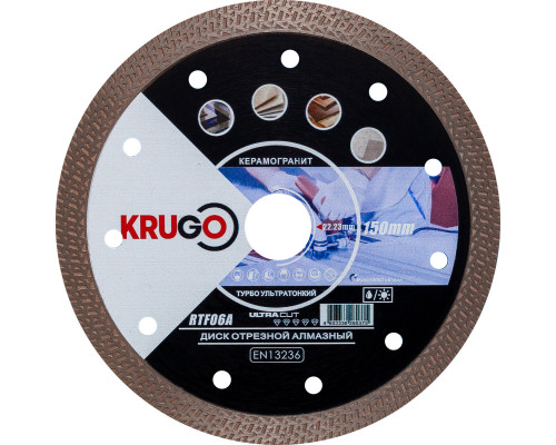 Диск алмазныйТурбо ТF по керамике для УШМ 150 x 1.4 x 22.23 x 10mm KRUGO (RTF06A)