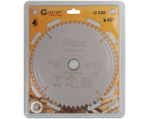 Диск пильный по дереву с тефлоновым покрытием 60Т, CUTOP Profi plus, 230 х 1,6/2,4 х 32/30/25,4/20 мм (75-23060Т)