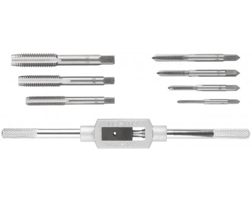 Метчики, легированная сталь Профи 7 шт. М3-М12, метчикодержатель универсальный, блистер