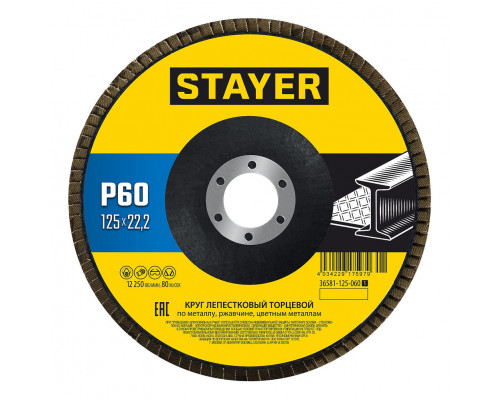 Круг лепестковый торцевой КЛТ 125 х 22.2 мм, P60 Professional STAYER 36581-125-060_z01