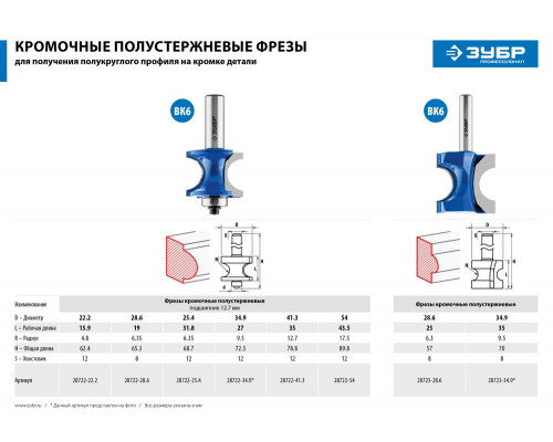Фреза полустержневая 28.6?25 мм радиус 6.3 мм ЗУБР Профессионал 28723-28.6