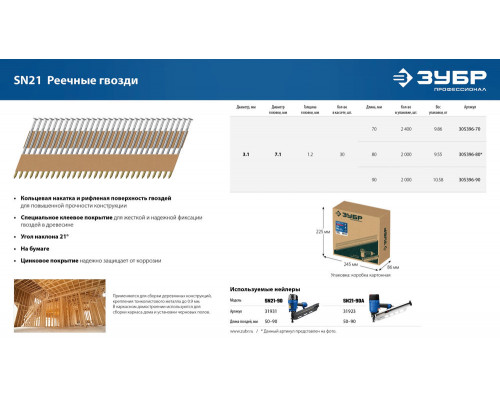 Гвозди реечные рифленые оцинкованные SN21 70 x 3.1 мм, 2400 шт ЗУБР 305396-70
