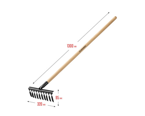 Садовые грабли GS-10 WOOD, 320 х 95 х 1300 мм, 10 витых зубцов, углеродистая сталь, антикор. покрытие, черенок дерев. высш. сорт GRINDA 39581-10