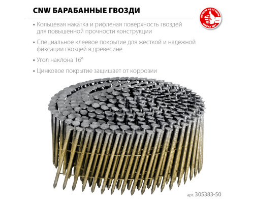 Гвозди барабанные CNW 50 x 2.3 мм, рифленые оцинкованные, 9000 шт ЗУБР 305383-50
