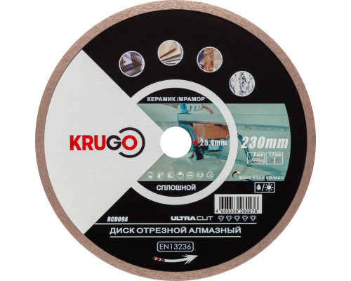 Диск алмазный сплошной по керамике для УШМ 230 x 1.7 x 25.4/22.23 x 8mm KRUGO (RCD09A)