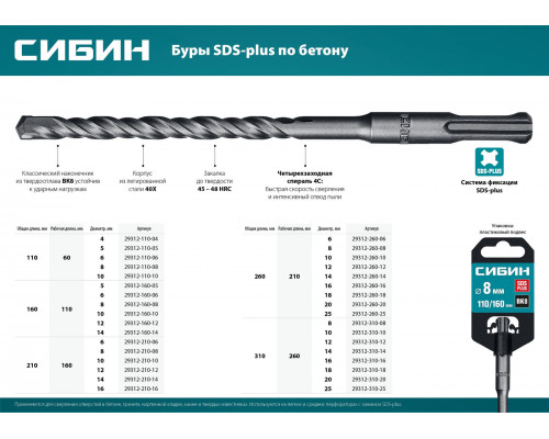 СИБИН 8 х 160 мм, SDS-plus бур (29312-160-08)