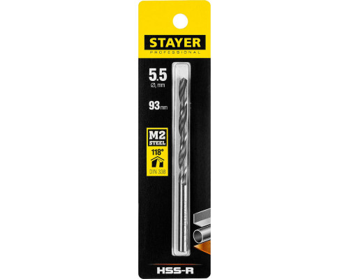 Сверло по металлу быстрорежущая сталь P6M5 Professional HSS-R STAYER 5.5x93 мм 29602-5.5  