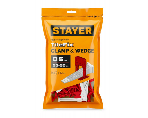 STAYER СВП TileFix, комплект: 0,5 мм, зажим + клин, 50 + 50 шт, система выравнивания плитки ?ворота? (33840-H50)