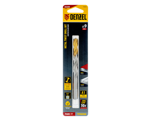 Сверло спиральное по металлу 9 x 125 мм, Р6М5, Golden Tip Denzel (718241)