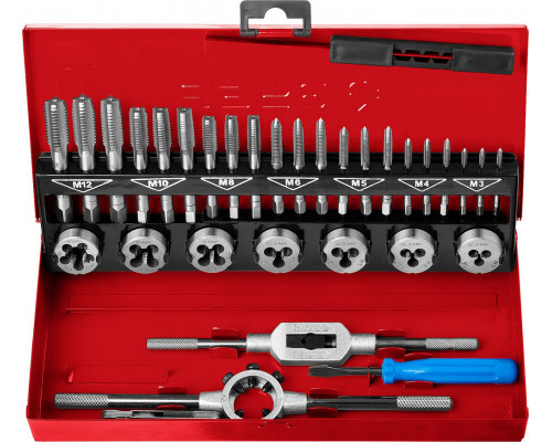 Набор метчиков и плашек 32 предмета сталь 9ХС ЗУБР 28129-H32