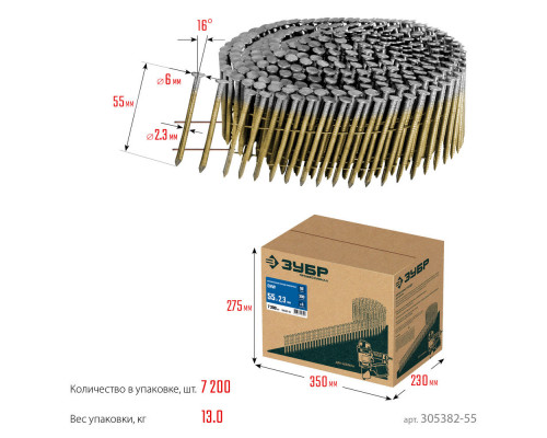 Гвозди барабанные CNW 55 x 2.3 мм, рифленые, 7200 шт ЗУБР 305382-55