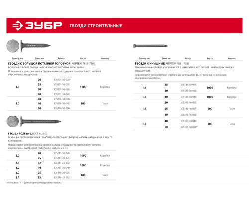 Гвозди финишные 25?1.6 мм цинк 100 г ЗУБР 305316-16-025