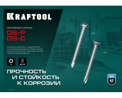 KRAFTOOL DS-P, 32 х 3.9 мм, А2, сверло, полукруглая головка, ТХ15, 380 шт, саморез нержавеющий (300931-39-032)