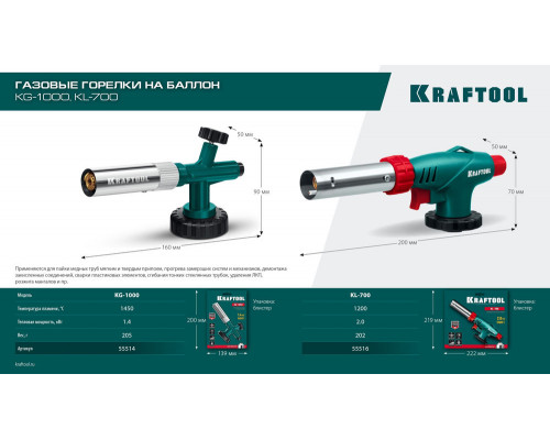 Газовая горелка KL-700, с пьезоподжигом, увеличенная мощность, на баллон KRAFTOOL 55516