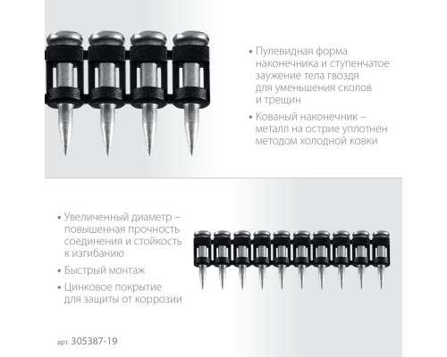 Гвозди по бетону CN усиленные 19 x 3.05 мм, оцинкованные, 1000 шт ЗУБР 305387-19