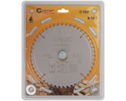 Диск пильный по дереву с тефлоновым покрытием 48Т, CUTOP Profi plus, 190 х 1,5/2,2 х 30/25,4/20/16 мм (75-19048Т)