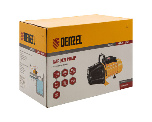 Садовый поверхностный насос GP1100C, 1100 Вт, 4500 л/ч, подъем 46 м, чугун Denzel (97203)