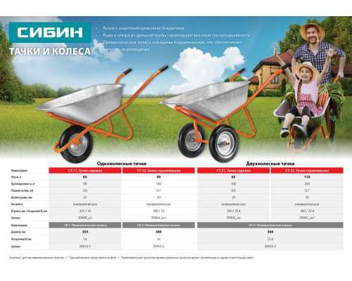 Строительная тачка двухколесная 110 л 200 кг пневматические колеса СИБИН СТ-22 39905_z01
