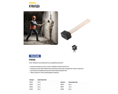 Кувалда литая в сборе, деревянная ручка 4 кг (45044)