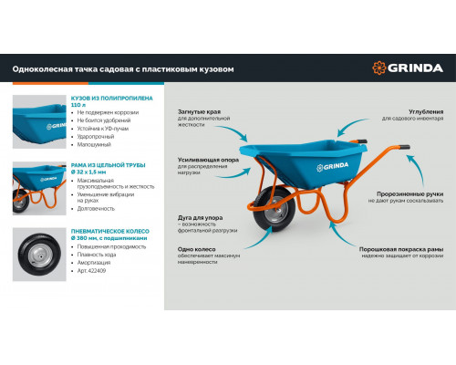 GRINDA GP-21, ударопрочный пластиковый кузов, 110 л, 180 кг, одноколесная, пневматическое колесо, тачка садовая PROLine (422408)