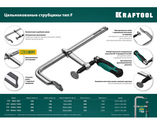 Цельнокованая струбцина F Forge FF-160/80, 120 х 500 мм KRAFTOOL 32014-120-500